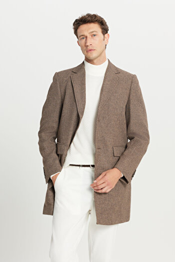 AC&Co / Altınyıldız Classics Ανδρικό παλτό καφέ Standard Fit Normal Cut με μονό γιακά Dobby και τσέπες
