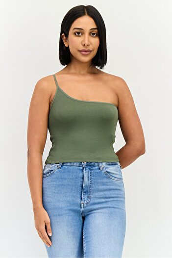 Don't Call Me Jennyfer Women Asymmetrical Neck One Shoulder Ribbed Tank Top, Khaki