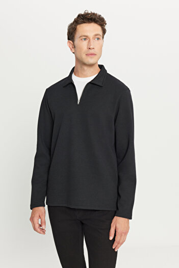 AC&Co / Altınyıldız Classics Erkek Lacivert Pamuklu Standart Fit Normal Kesim Fermuarlı Polo Yaka Sweatshirt