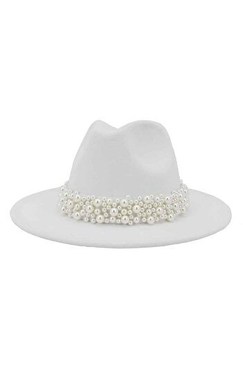 Pursehuit Women's hat, white, with pearls, Imma