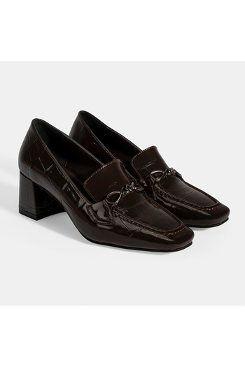 Desa Women's Brown Crocodile Printed Heeled Patent Leather Loafer