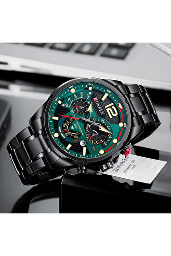 Curren 8395 Men's Chronograph Watch with Green Dial Black Stainless Steel Strap Waterproof Design