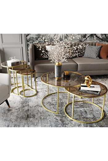 Dekoport Milas Orta Ve Zigon Sehpa Seti (Ø60-47) Mat Gold Metal, Temperli Bronz Cam