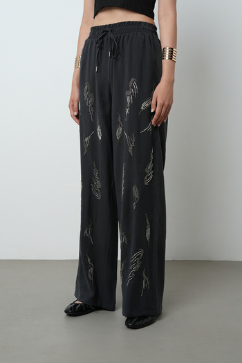 Orfeo Negro Women's Stone Embroidered Solid Color Elastic Waist Wide Leg Trousers