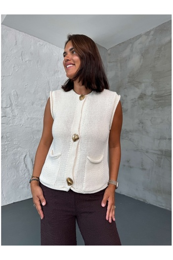 Elif Özbey Butik Ecru Knitted Vest with Pocket Detail