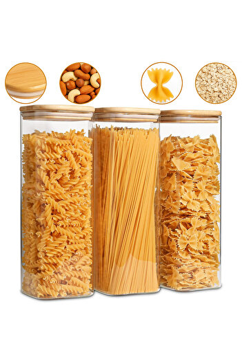 Elindor Set of 3 Elindor® Glass Casseroles with Bamboo Lids, Refrigerator or Pantry – Transparent