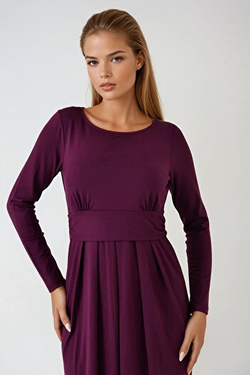 VAGGON Women's Burgundy Round Neck Quarter Sleeve Gathered Waist Pleated Dress Vs00941