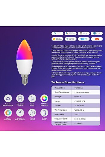 MOES Smart LED Bulb, E14 Base, RGBW Color Changing 2700K-6500K, 470 Lumens, 6W