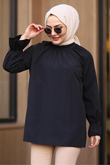 MODA Poplin Shirt with Gathered Sleeves