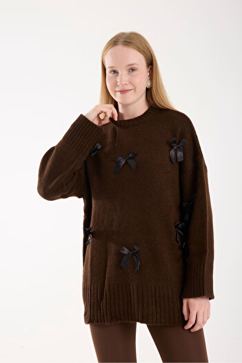İLKCET MODA Bow Ribbon Detail Brown Oversize Women's Long Sweater