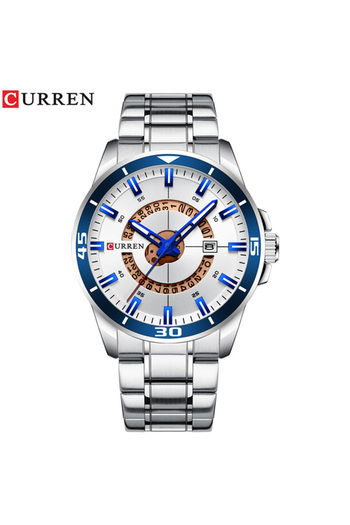 Curren Men’s Stainless Steel Analog Quartz Watch Silver Dial Blue Bezel Markers