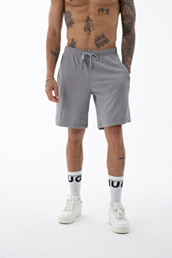 Kozik Men's Smoked High Quality Relax-Fit Comfortable Cut 100% Cotton Lace-Up Black Plain Basic Shorts
