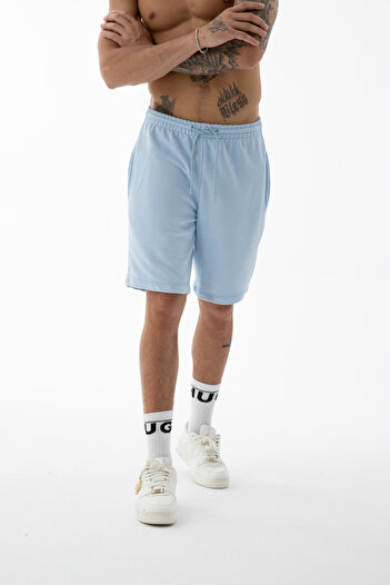 Kozik Men's Light Blue High Quality Relax-Fit Comfortable Cut 100% Cotton Lace-Up Black Plain Basic Shorts
