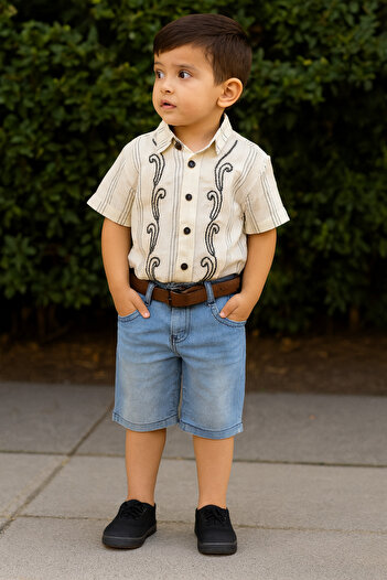 bebekpare Boy's Embroidered White-navy Bottom Top Set
