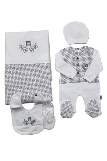 Baby day 5-piece baby boy's reception set, white cotton with a gray geometric print