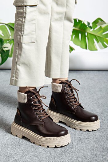 motto store Γυναικείες μπότες Bitter Brown Skin Elastic Lace-Up Flat Sole