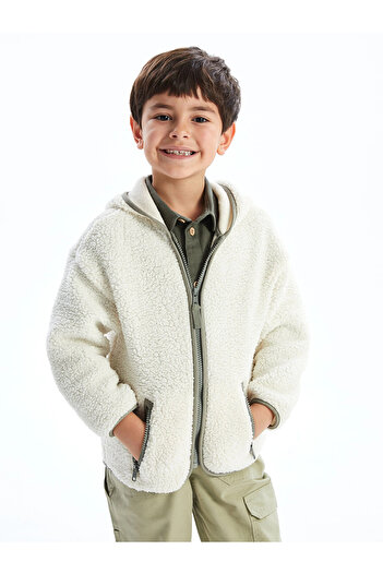 LC Waikiki Lcw Kids Beige Hooded Plush Boy's Zippered Sweatshirt