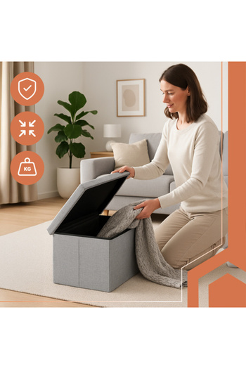 zola Folding stool with storage space, 54 l, 60x 30x30 cm, supports 80 kg, MDF, polyester, gray