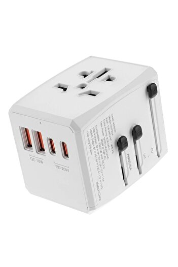 Stef's Cat Adaptor pentru Priza PD20W, 2 x USB, 2 x Type-C, EU, UK, AUS, US, D45, Policarbonat, White