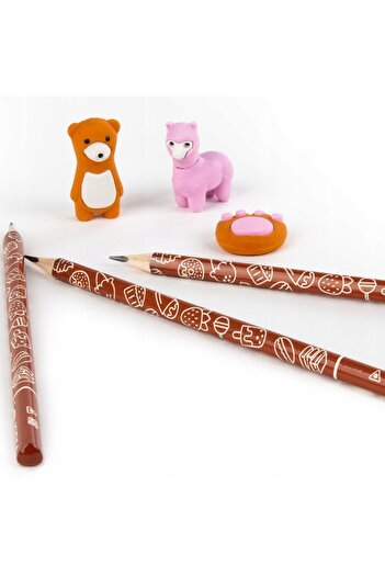 zola Set of 3 scented pencils and 3 erasers, salted caramel flavor, fun patterns, brown