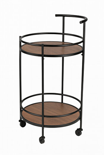 TSUMAB 4-Tier Round Serving Trolley with Wooden Shelves and Wheels – Black Metal Frame