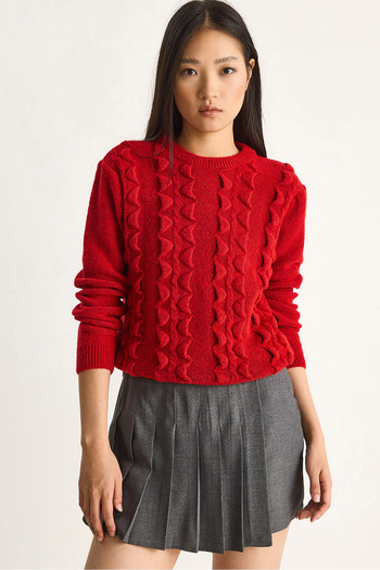 Bianco Lucci Women's Crew Neck Ruffled Soft Knitwear Sweater 60261184