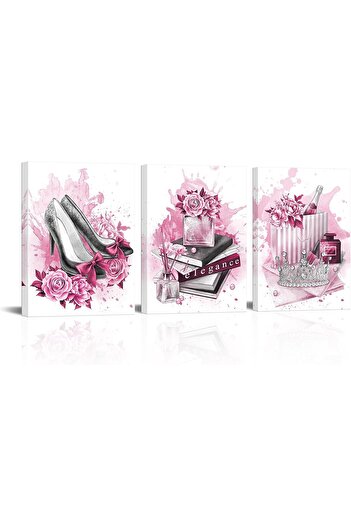 Emoda home Trove Kalourmore Pink Splash Fashion Glam High Heel Shoes Perfume Crown Pearl Canvas Poster for Decorating