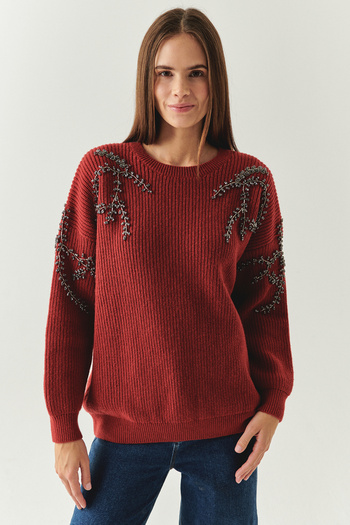Exquise Crew Neck Stone Embroidered Long Sleeve Oversize Knitwear Blouse