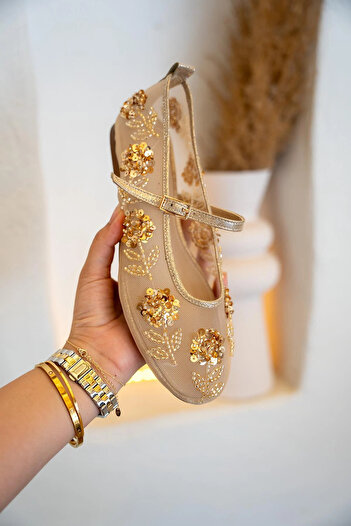 LamintaGlobal Barbs Gold Beaded Mesh Women's Ballerinas