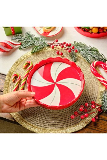 Karaca New Year Christmas Candy, Stripe Cake Plate, 20.5cm, Red