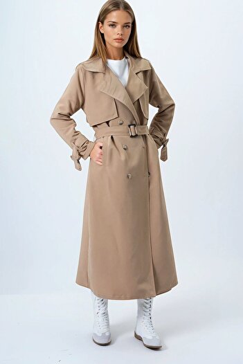 VAGGON Women's Camel Double Breasted Collar Cape Detailed Trench Coat Vs00843