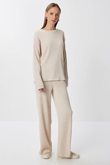 Happiness İstanbul Women's Beige Textured Flexible Knitted Top and Bottom Set An00267