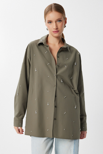 Happiness İstanbul Women's Khaki Stylish Stone Detailed Woven Shirt Fg00064