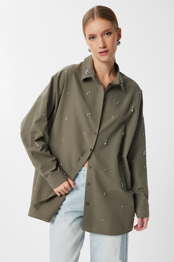 Happiness İstanbul Women's Khaki Stylish Stone Detailed Woven Shirt Fg00064