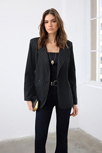 Trendyol Collection Black Striped Wrap Closure Woven Blazer Jacket Twoaw26Bc00018