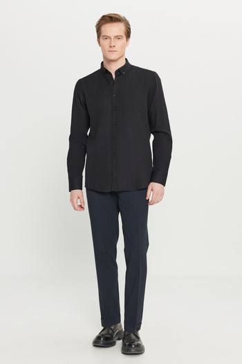 AC&Co / Altınyıldız Classics Erkek Oxford Siyah Düğmeli Yaka Kolay Ütülenebilir Pamuklu Slim Fit Dar Kesim Gömlek