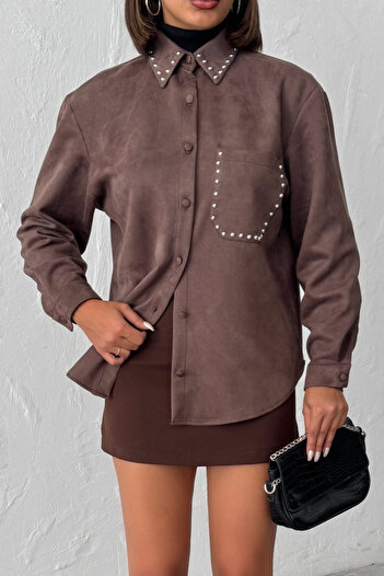 Trendyol Collection Brown Staple Detailed Knitted Suede Shirt Twoaw26Ce00068