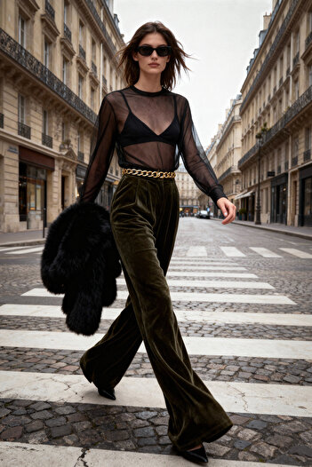 Trendyol Collection Limitowana edycja - Spodnie Khaki Velvet Tpraw23Pl00017