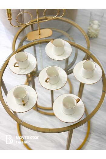 Bayraktar Seramik Gilded 6-Piece Porcelain Turkish Coffee Cup Set 90 ml