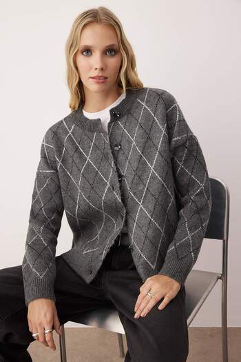 Trendyol Collection Anthracite Stone Embroidered Soft Texture Wide Fit Knitwear Cardigan Twoaw26Hi00252