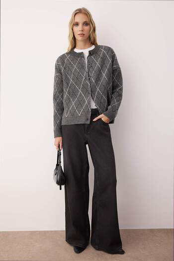 Trendyol Collection Anthracite Stone Embroidered Soft Texture Wide Fit Knitwear Cardigan Twoaw26Hi00252