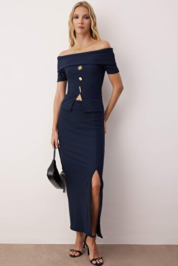 Trendyol Collection Navy Blue Accessory Detailed Carmen Collar Blouse-Skirt Knitted Bottom-Top Set Twoss25Au00134
