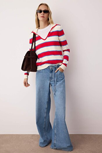Trendyol Collection Ecru Premium Yarn/Special Yarn Striped Knitwear Sweater Twoaw26Kz00171