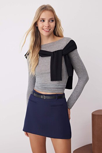 Trendyol Collection Navy Blue Belted Mini Shorts Skirt Shorts & Bermuda Twoaw26Sr00006