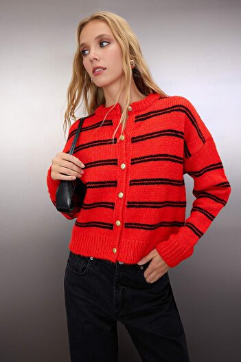 Trendyol Collection Red Soft Textured Striped Wide Fit Knitwear Cardigan Twoaw26Hi00151