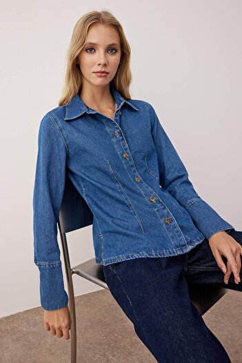 Trendyol Collection Blue Cuff Detail Fitted Denim Shirt Twoaw26Go00049