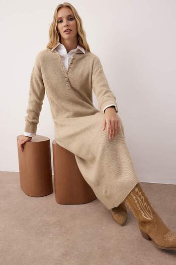 Trendyol Modest Μινκ Πλεκτό ίσιο πλεκτό φόρεμα χωρίς επένδυση Σελανικής TCTAW26EB00007