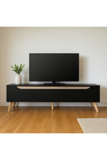 BAITY TV Table 160 cm with 3 Storage Drawers - Black with Wooden Stripe