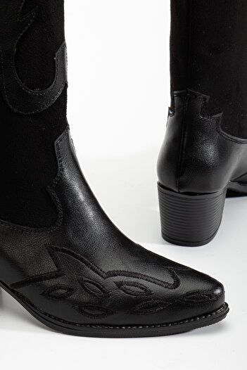 Ms Sugar Γυναικείες μαύρες σουέτ κεντημένες Western Cowboy Boots - Δερμάτινο σχέδιο