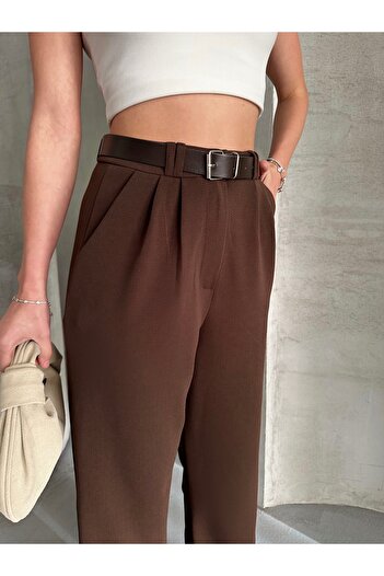modazoom Women's Belted Dark Brown Pleated Wide Leg High Waist Palazzo Trousers
